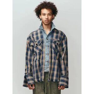 GREG LAUREN Trucker Front Boxy Button Up Shirt Navy Plaid Size 4/XL